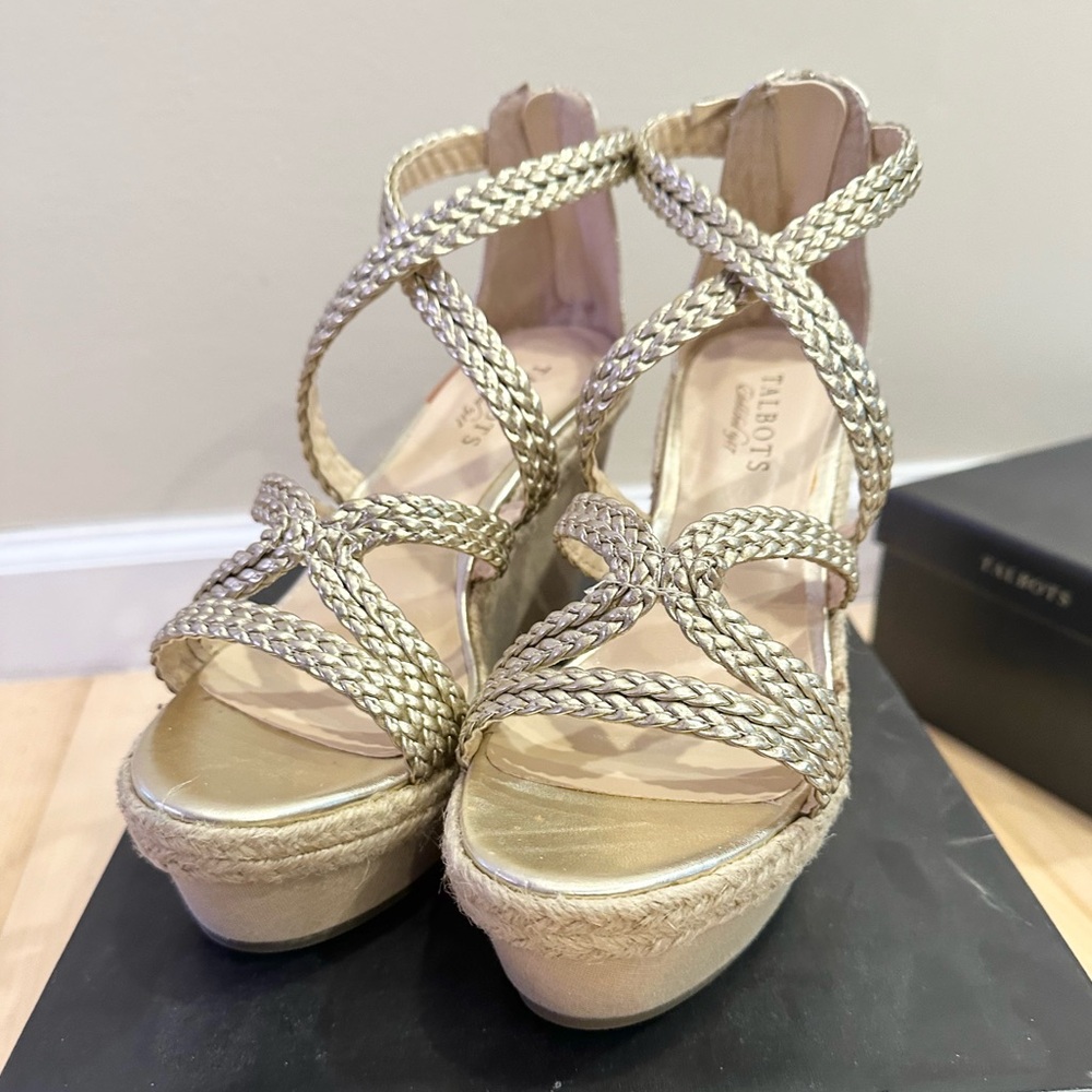 Talbots Champagne Metallic Gold Braided Strappy Sandal Heeled Wedges - 7.5